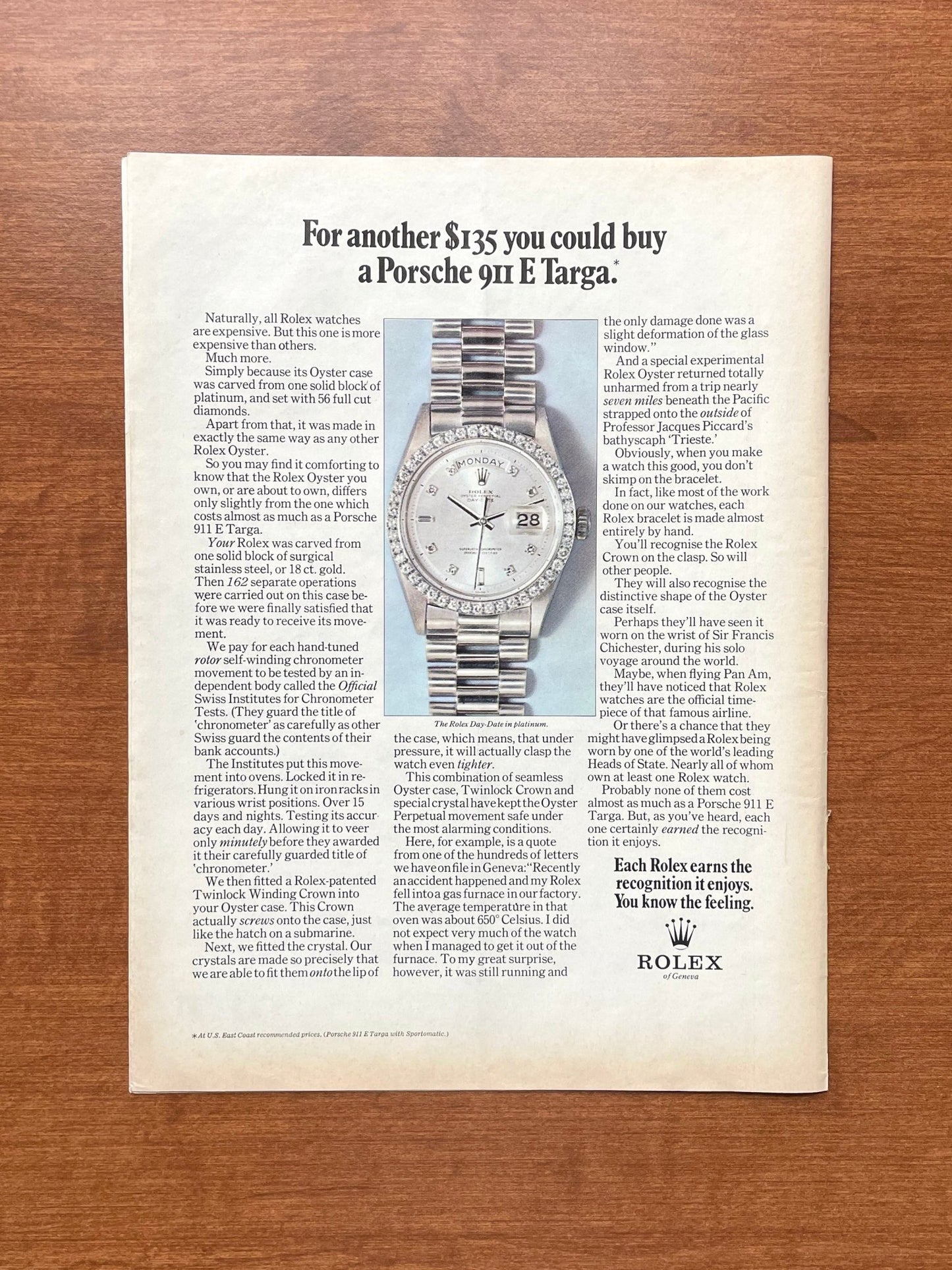1971 Rolex Platinum Day Date "you could buy a Porsche..." Advertisement