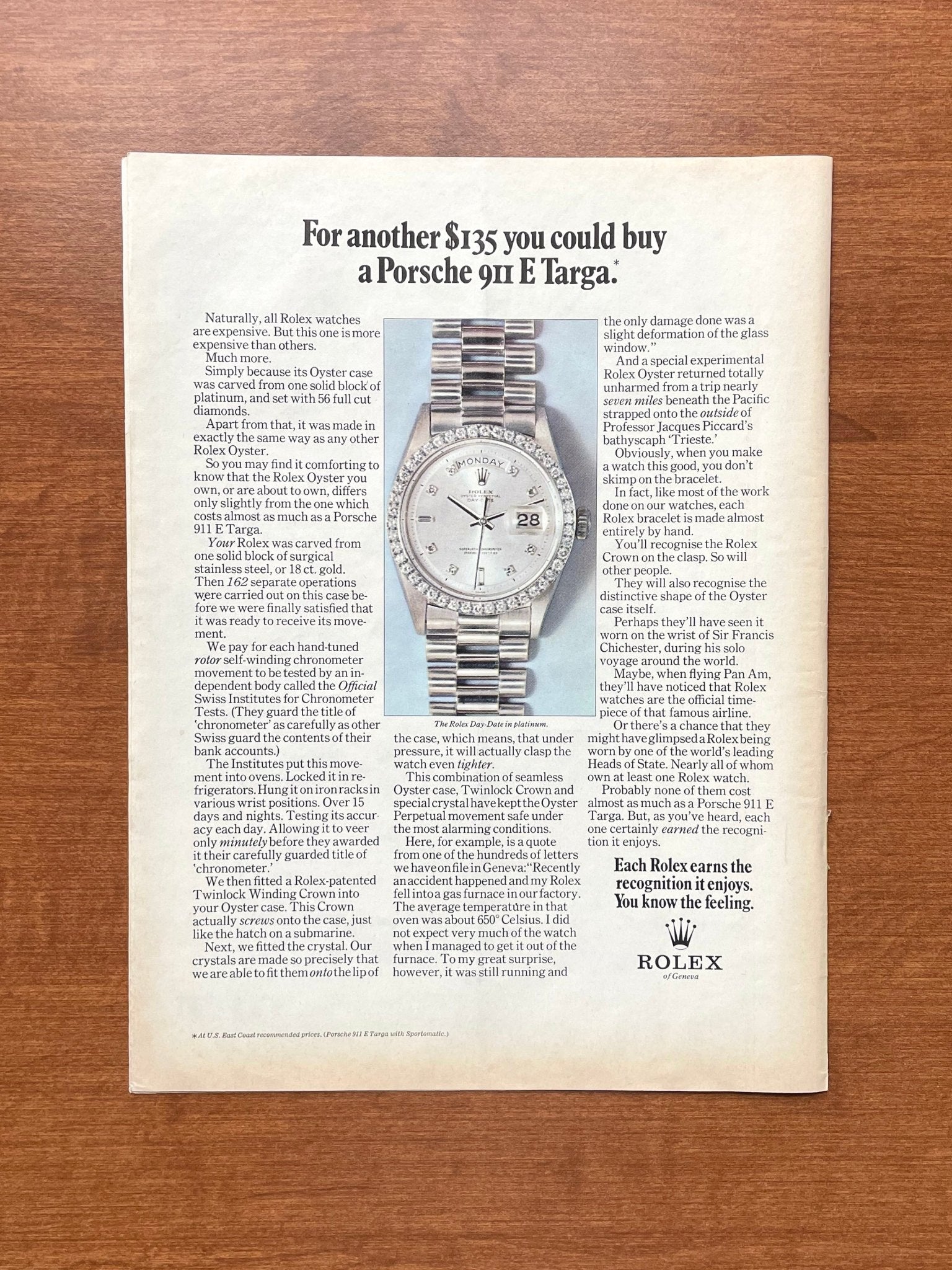 1971 Rolex Platinum Day Date "you could buy a Porsche..." Advertisement
