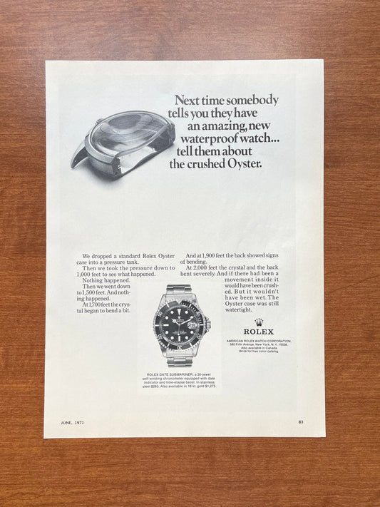 1971 Rolex Submariner Date Ref. 1680 "crushed Oyster." Advertisement