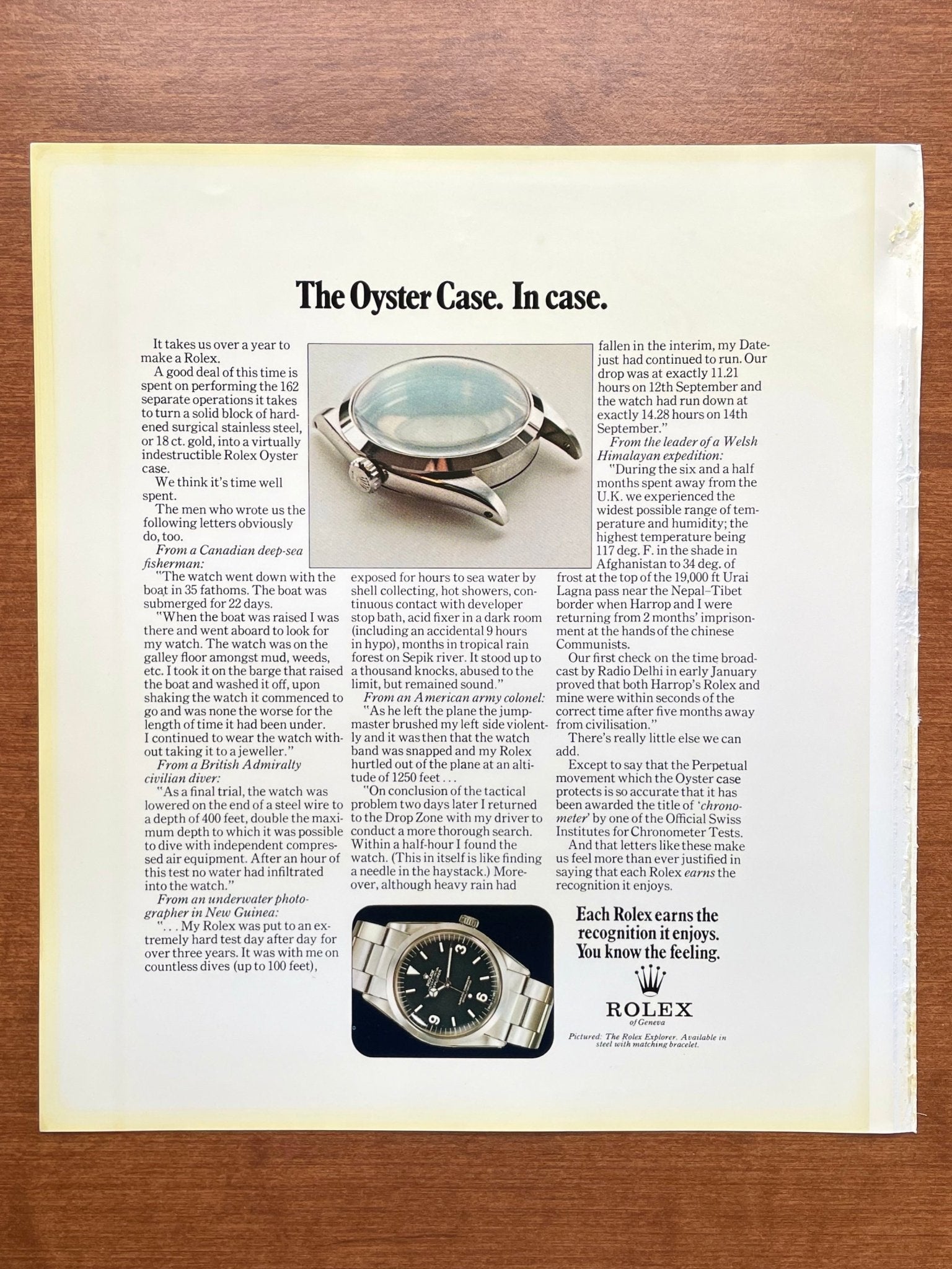 1972 Rolex Explorer Ref. 1016 "Oyster case. In case." Advertisement