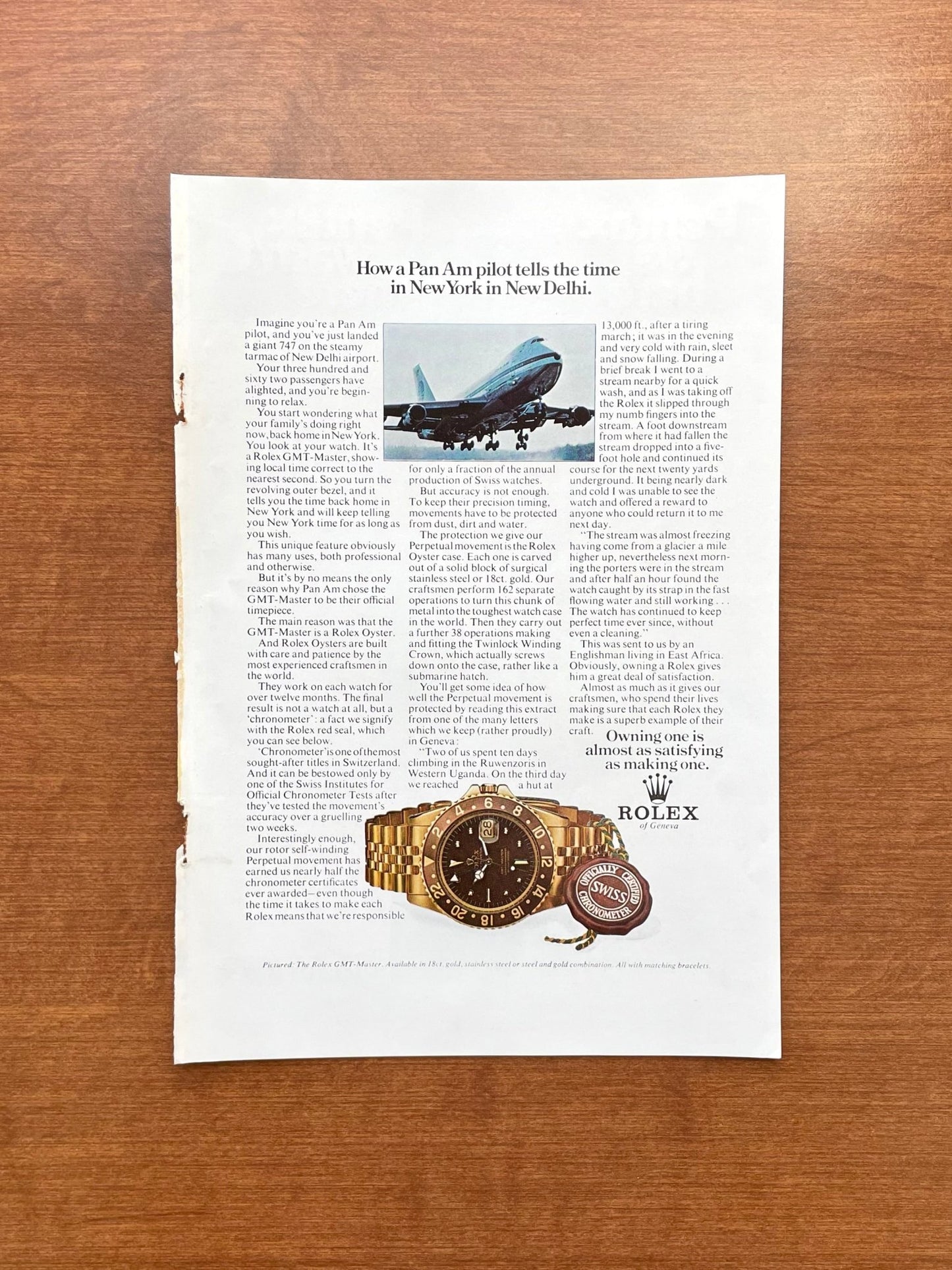 1972 Rolex GMT Master Ref. 1675 "How a Pan Am pilot..." Advertisement