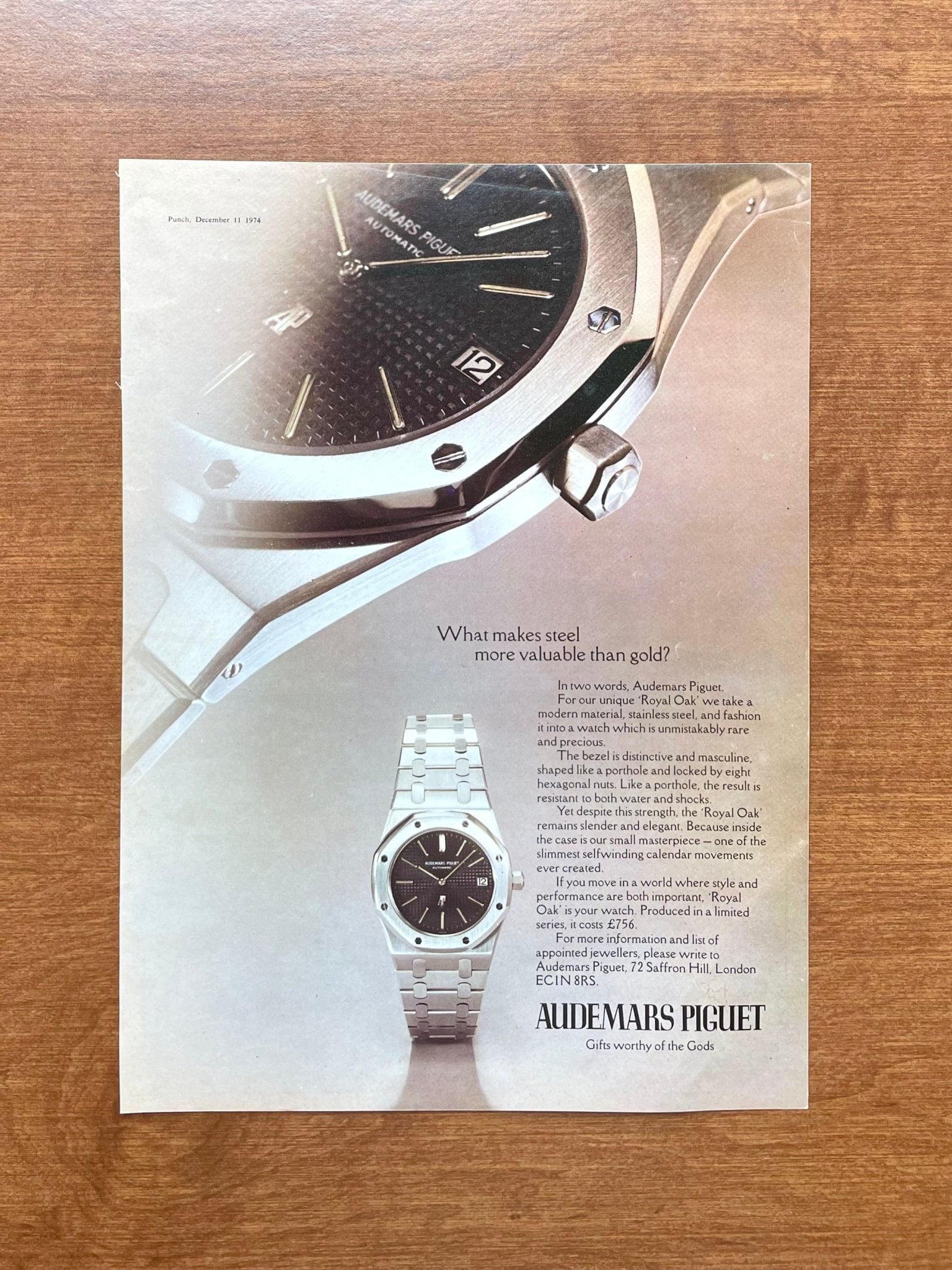 1974 Audemars Piguet Royal Oak Ref. 5402 "steel more than gold?" Advertisement