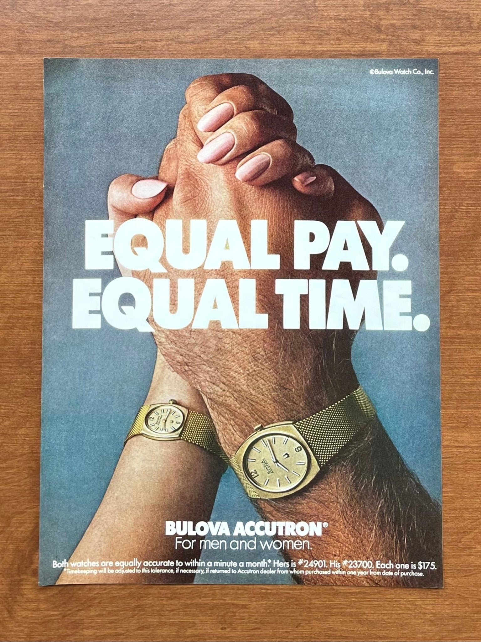 1974 Bulova Accutron "Equal Pay. Equal Time." Advertisement