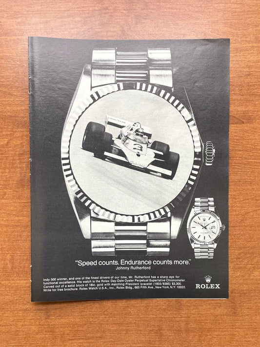 1977 Rolex Day Date Ref. 1803 feat. Johnny Rutherford Advertisement
