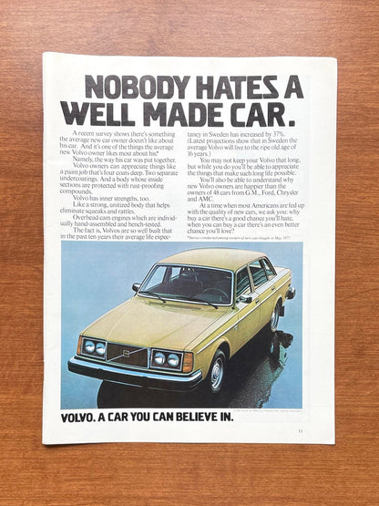 1978 Volvo "Nobody hates a well made car" Advertisement
