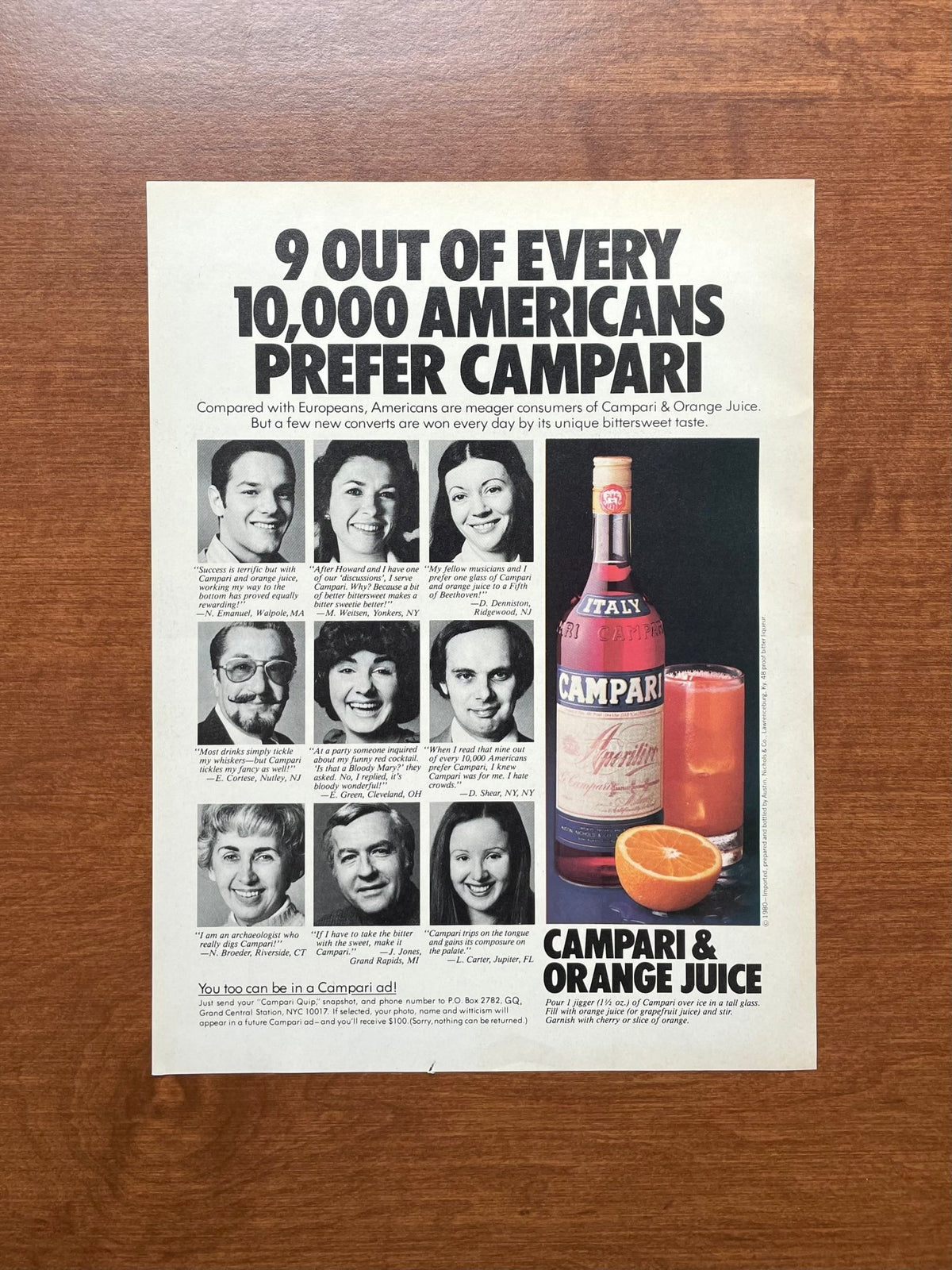 1980 Campari & Orange Juice "9 out of every 10,000 Americans" Advertisement