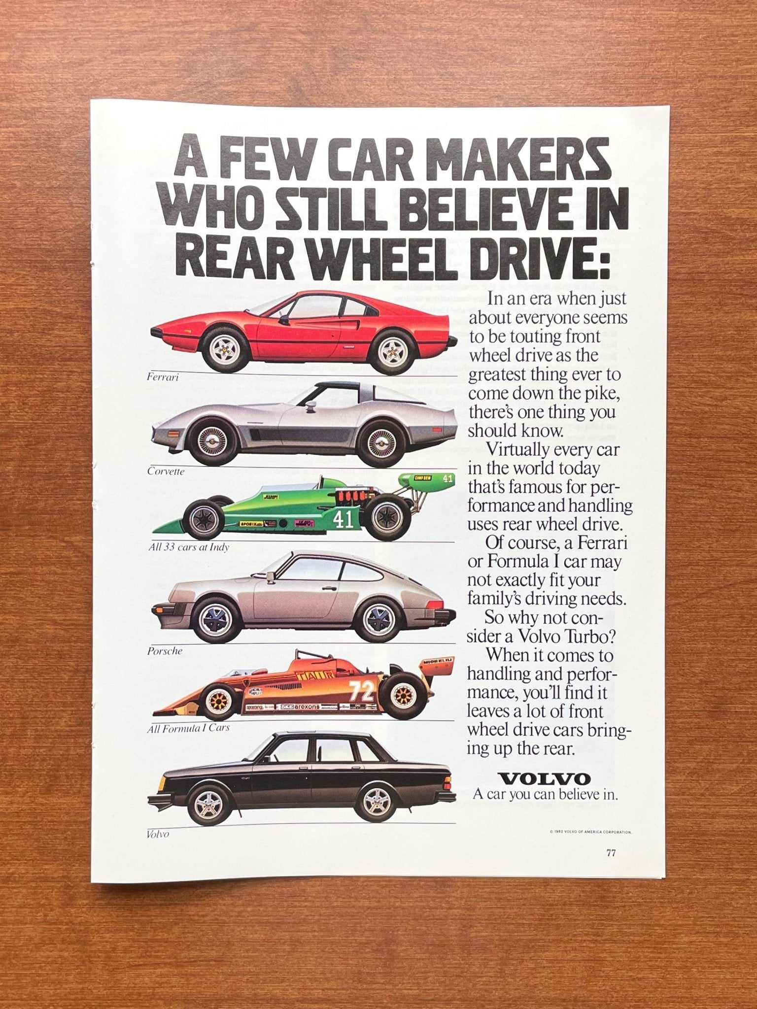 1983 Volvo "Believe in rear wheel drive" w/ Ferrari and Porsche Advertisement
