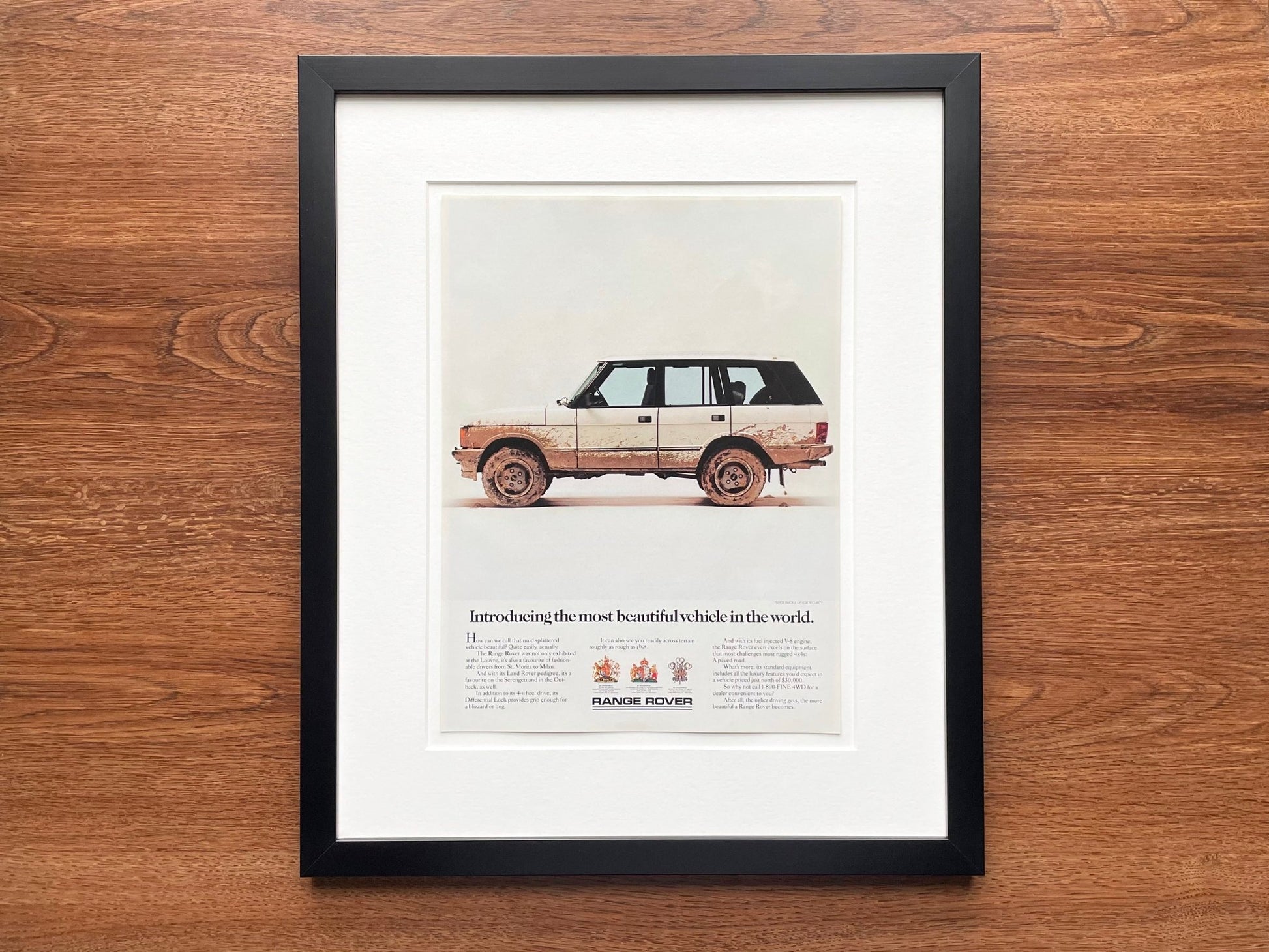 1987 Ranger Rover "most beautiful vehicle..." Advertisement in Black Wood Frame