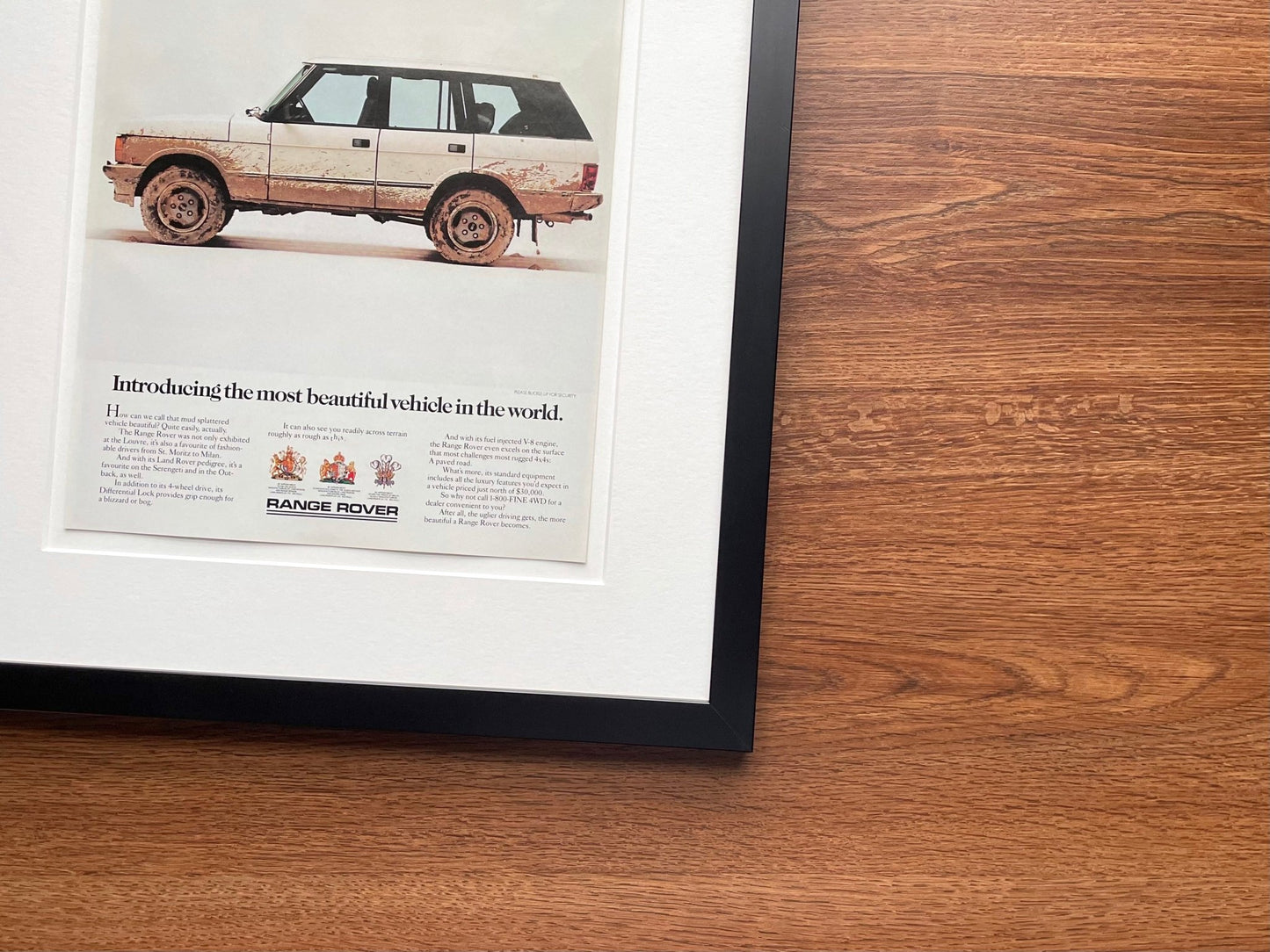 1987 Ranger Rover "most beautiful vehicle..." Advertisement in Black Wood Frame