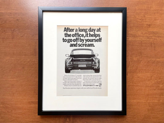 1989 Porsche 911 Turbo "long day at the office... scream." Advertisement in Black Wood Frame