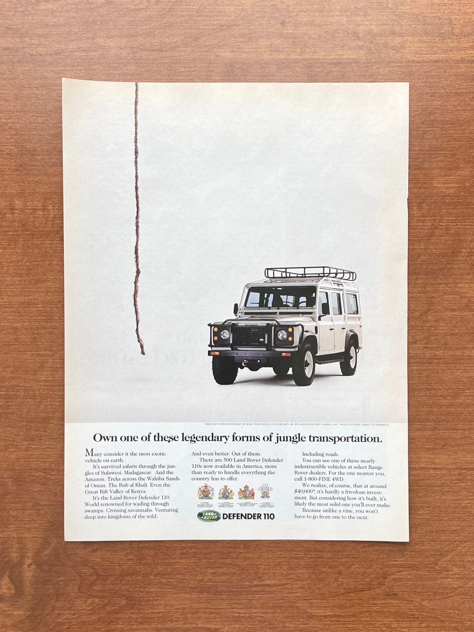 1992 Land Rover Defender 110 "jungle transportation." Advertisement