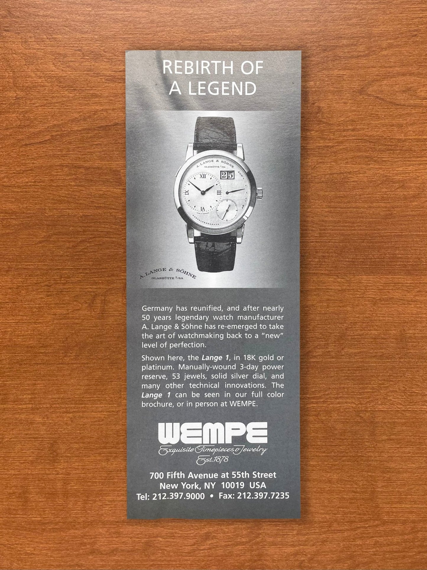 1995 A. Lange & Sohne Lange 1 at WEMPE Advertisement