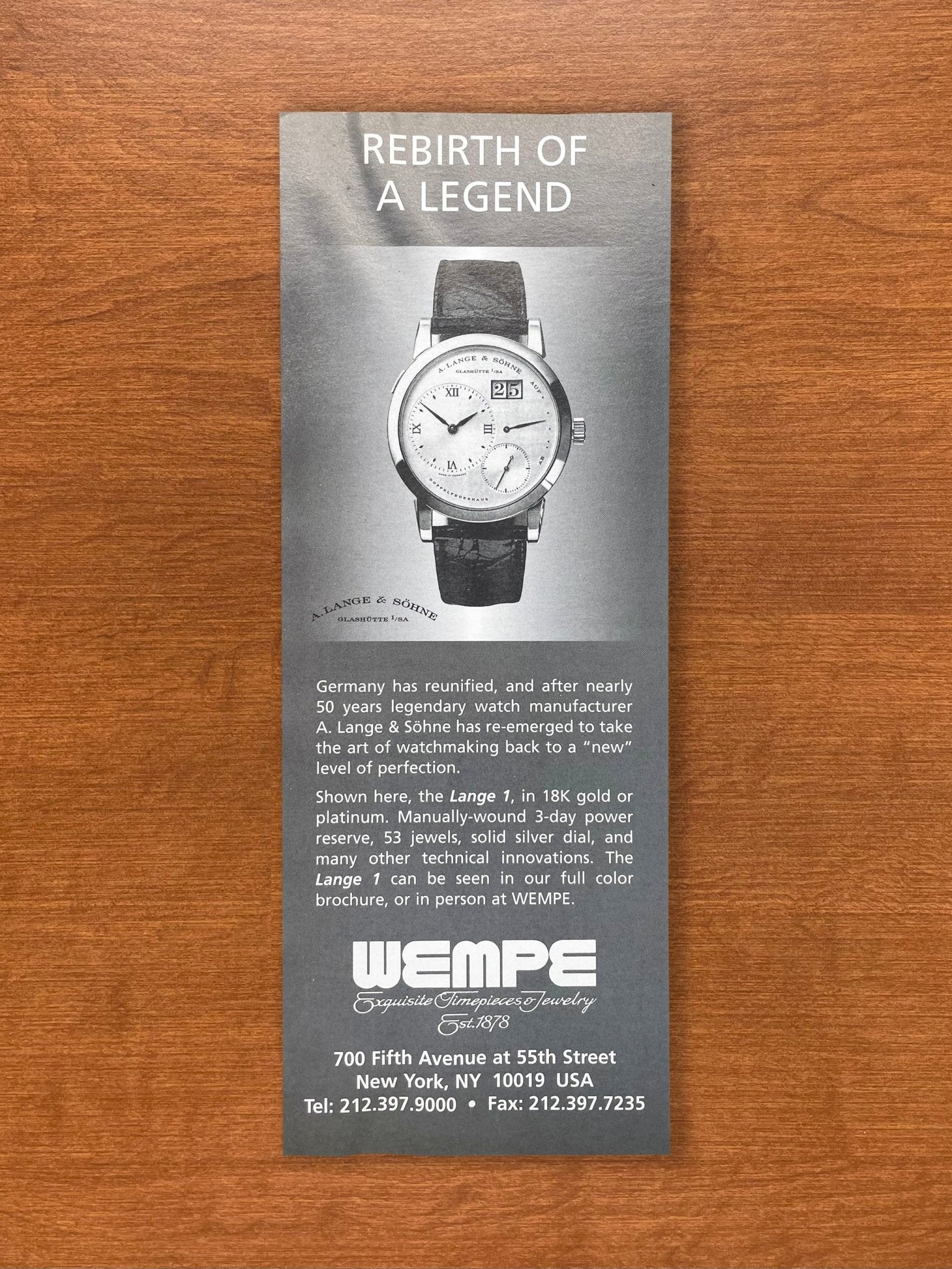 1995 A. Lange & Sohne Lange 1 at WEMPE Advertisement