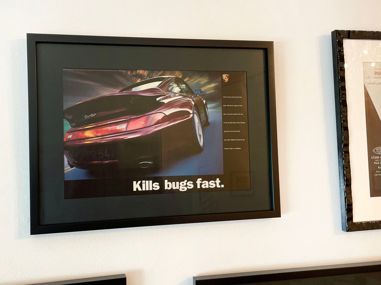 1995 Porsche 911 Turbo "Kills bugs fast." Advertisement in Black Wood Frame