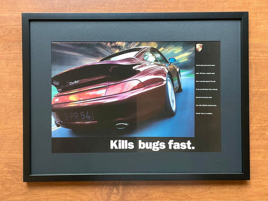 1995 Porsche 911 Turbo "Kills bugs fast." Advertisement in Black Wood Frame