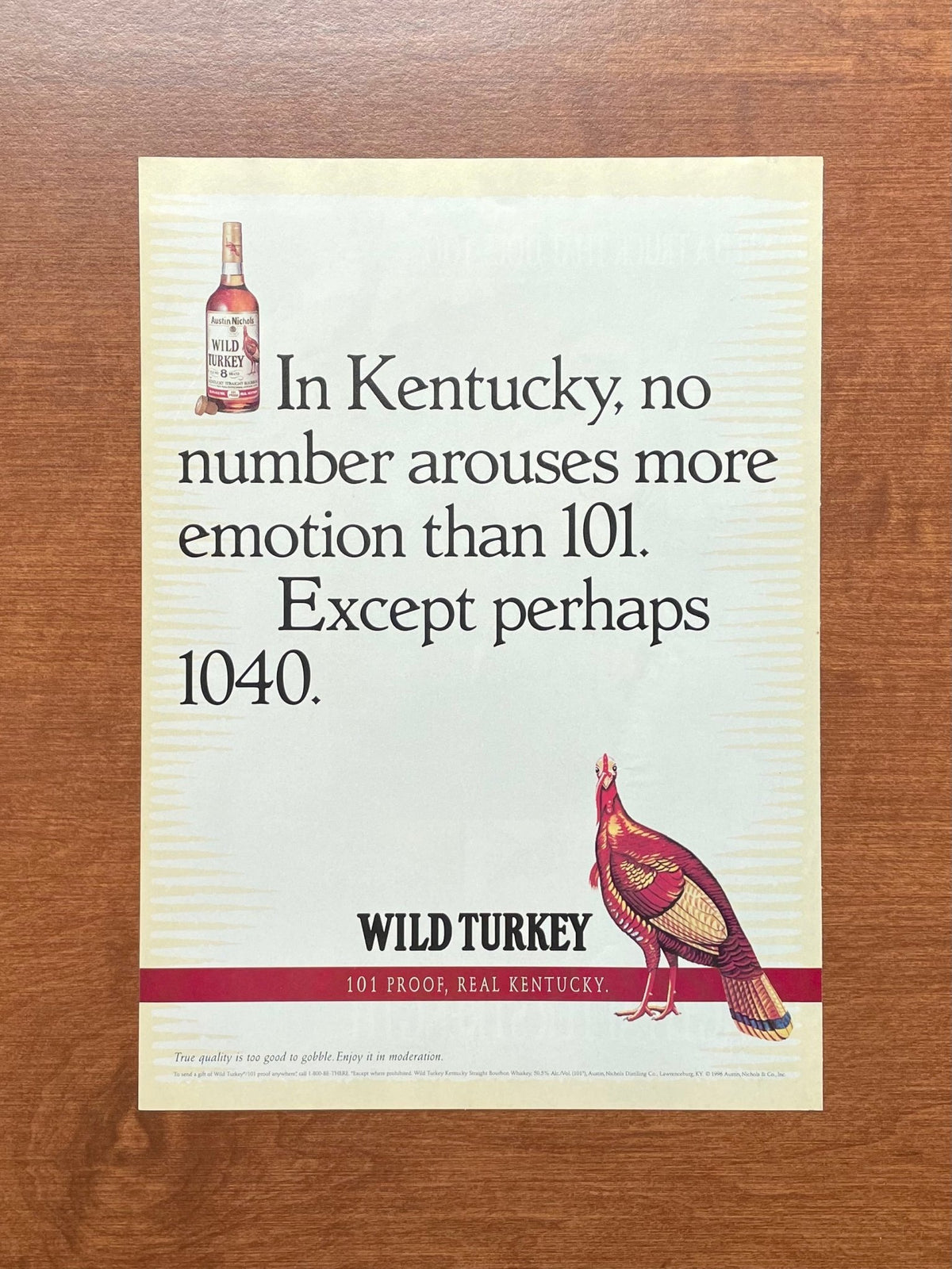 1996 Wild Turkey Bourbon Whiskey "In Kentucky, no number arouses more emotion" Advertisement