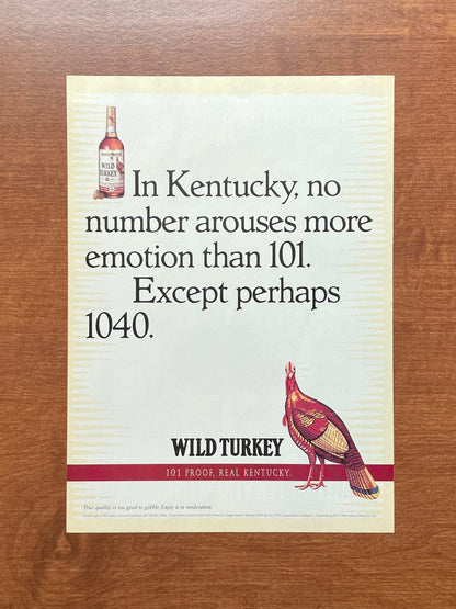 1996 Wild Turkey Bourbon Whiskey "In Kentucky, no number arouses more emotion" Advertisement