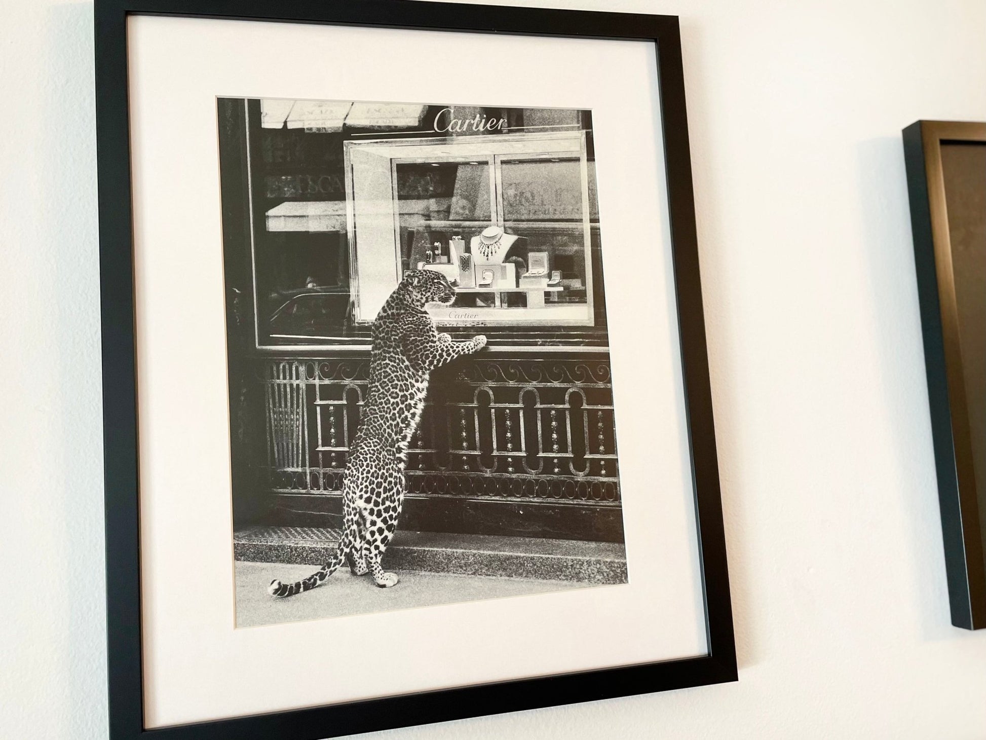 1999 Cartier "Panther Looking in Window" Advertisement in Black Wood Frame