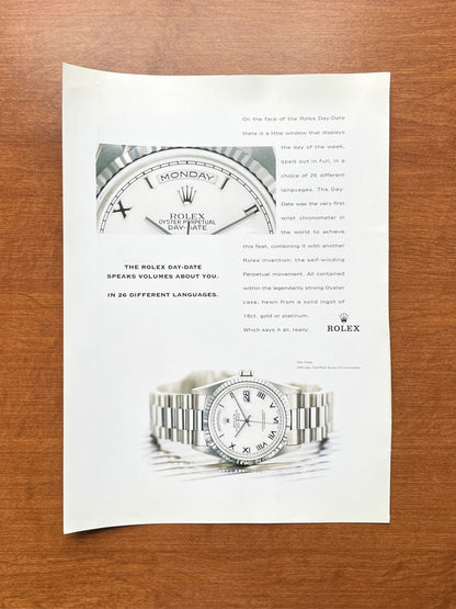 1999 Rolex Day Date Ref. 18239 "26 Different Languages" Advertisement