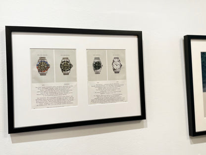 1970s Original Rolex Catalog Pages feat. Submariner, GMT Master, Explorer, and Milgauss in Black Wood Frame