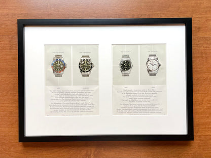 1970s Original Rolex Catalog Pages feat. Submariner, GMT Master, Explorer, and Milgauss in Black Wood Frame
