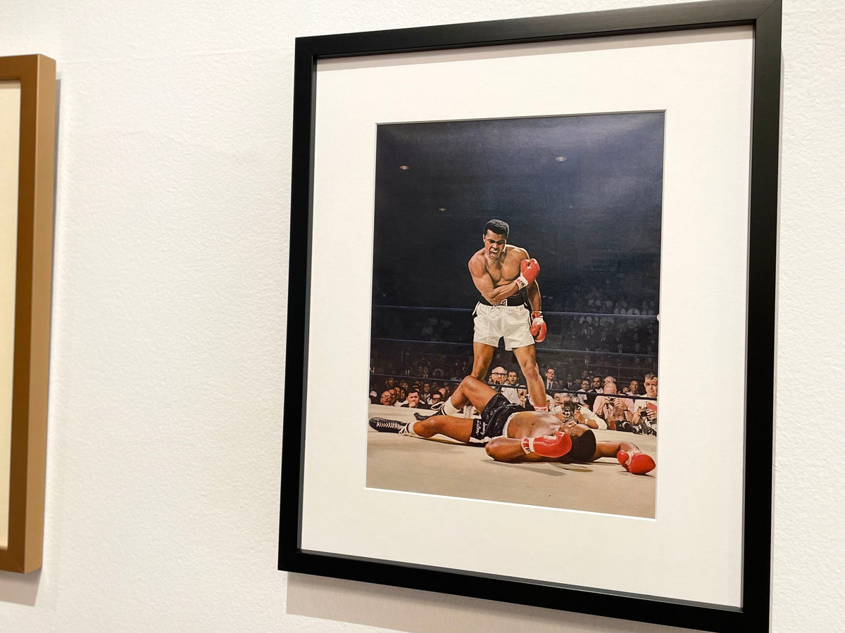 1965 Muhammad Ali "knocks out" Sonny Liston Original Magazine Page Image in Black Wood Frame