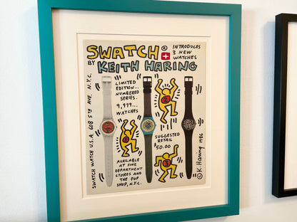 1986 Swatch Keith Haring Limited Edition Watches Advertisement in Teal Wood Frame