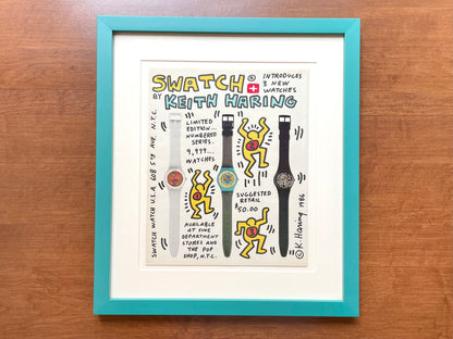 1986 Swatch Keith Haring Limited Edition Watches Advertisement in Teal Wood Frame