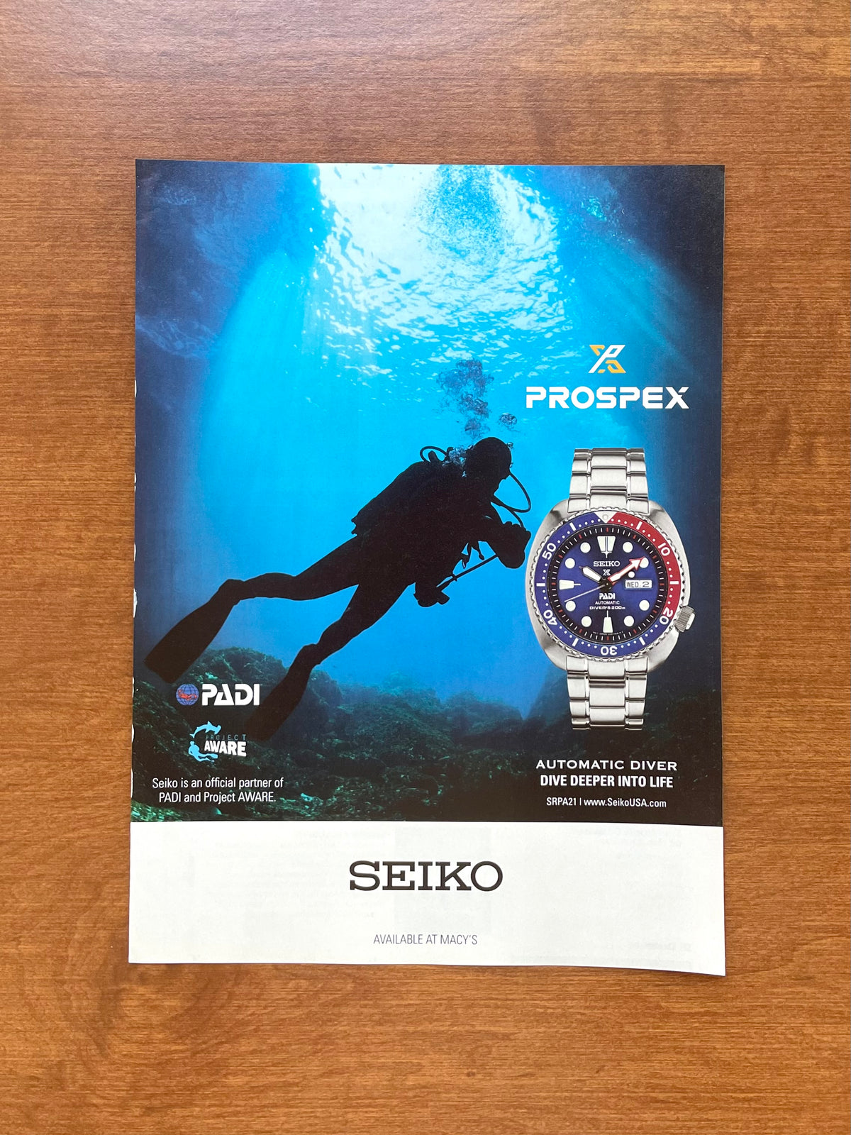 2017 Seiko Prospex "PADI" Diver Ref. SRPA21 Advertisement