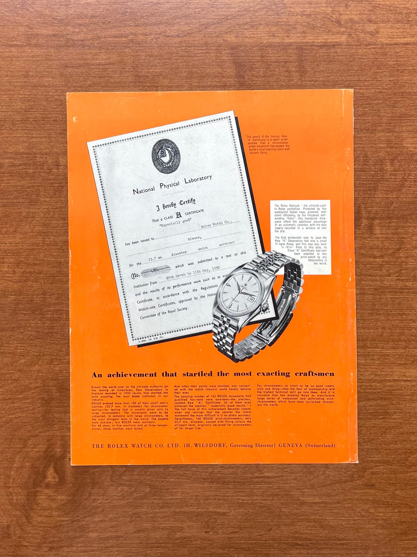 1952 Rolex Datejust "National Physical Laboratory" Advertisement