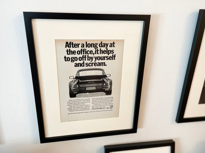 1989 Porsche 911 Turbo "long day at the office... scream." Advertisement in Black Wood Frame