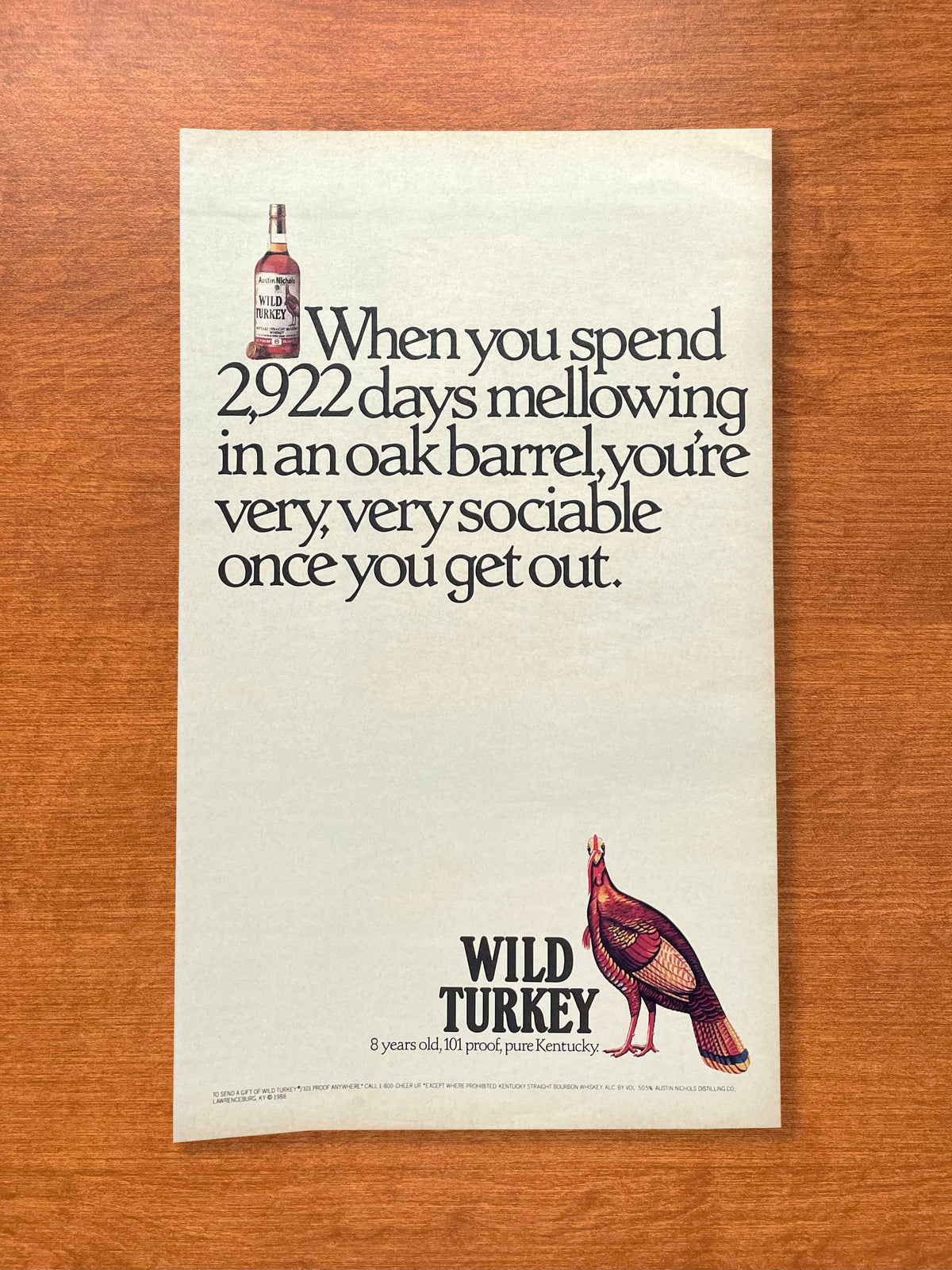 1988 Wild Turkey Bourbon Whiskey "2,922 days mellowing" Advertisement