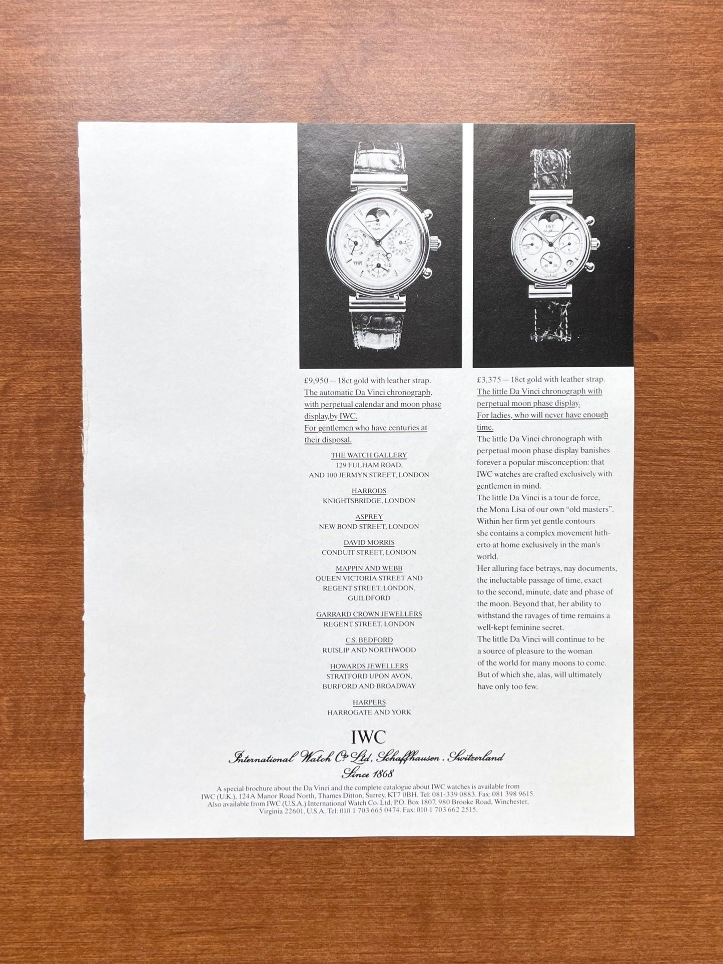 IWC DaVinci Chronograph for Gentlemen and Ladies Advertisement