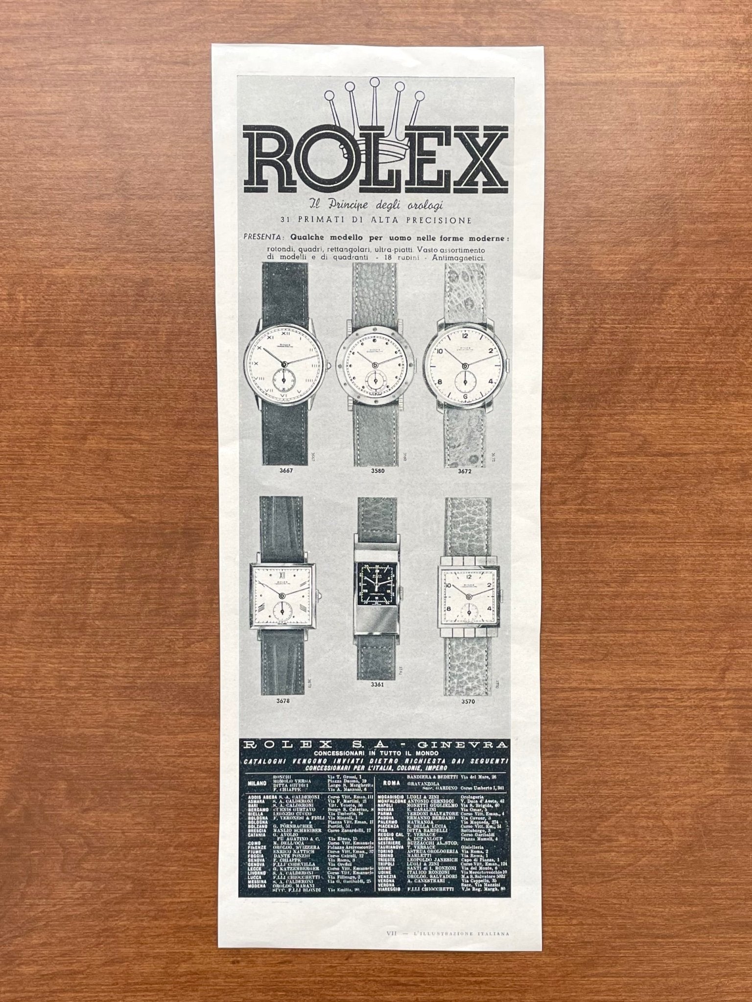 Vintage Rolex Advertisement with 6 watches in Italian