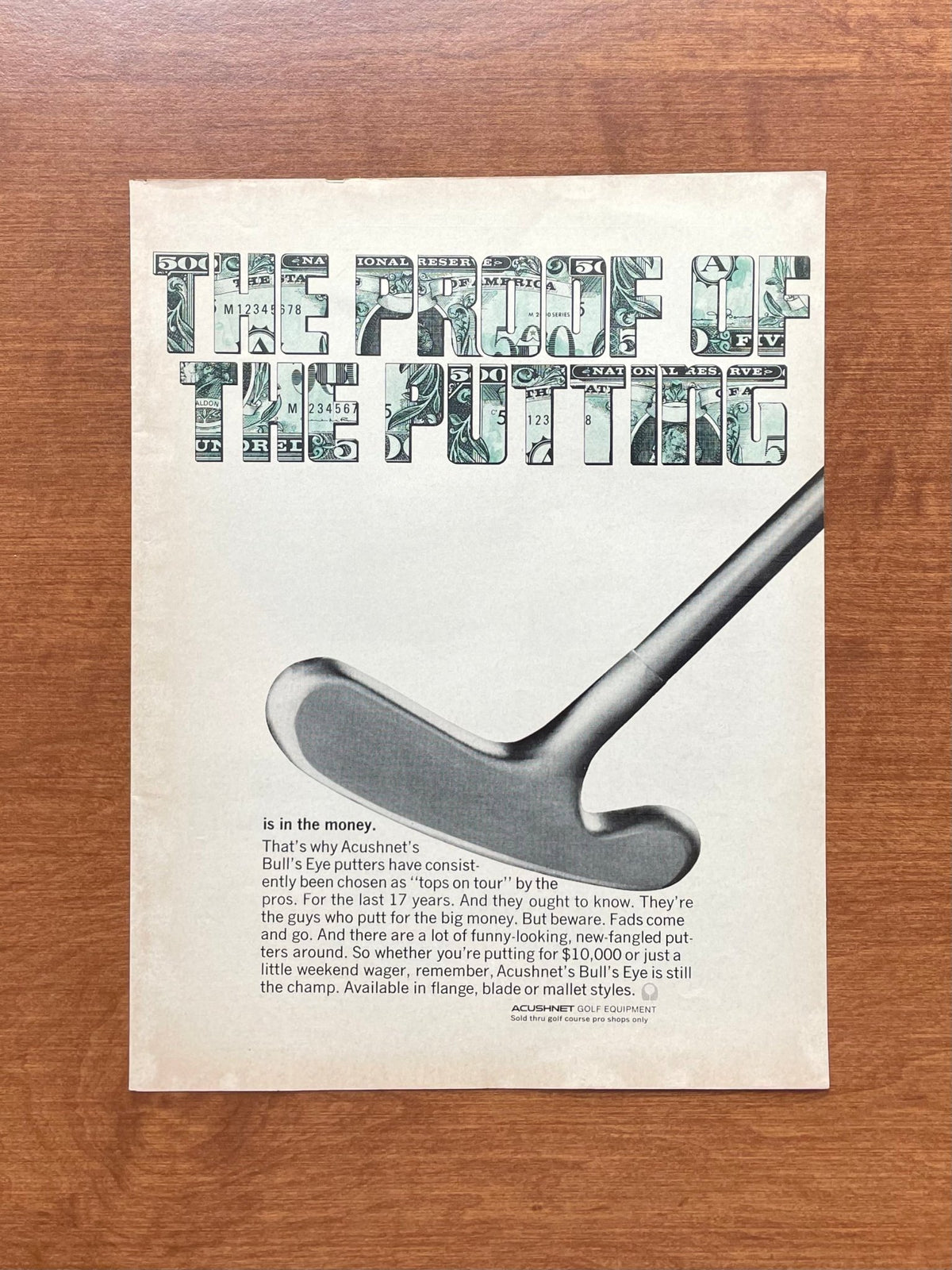 Vintage Titleist Bull's Eye Putter "Proof of the Putter is in the Money" Advertisement