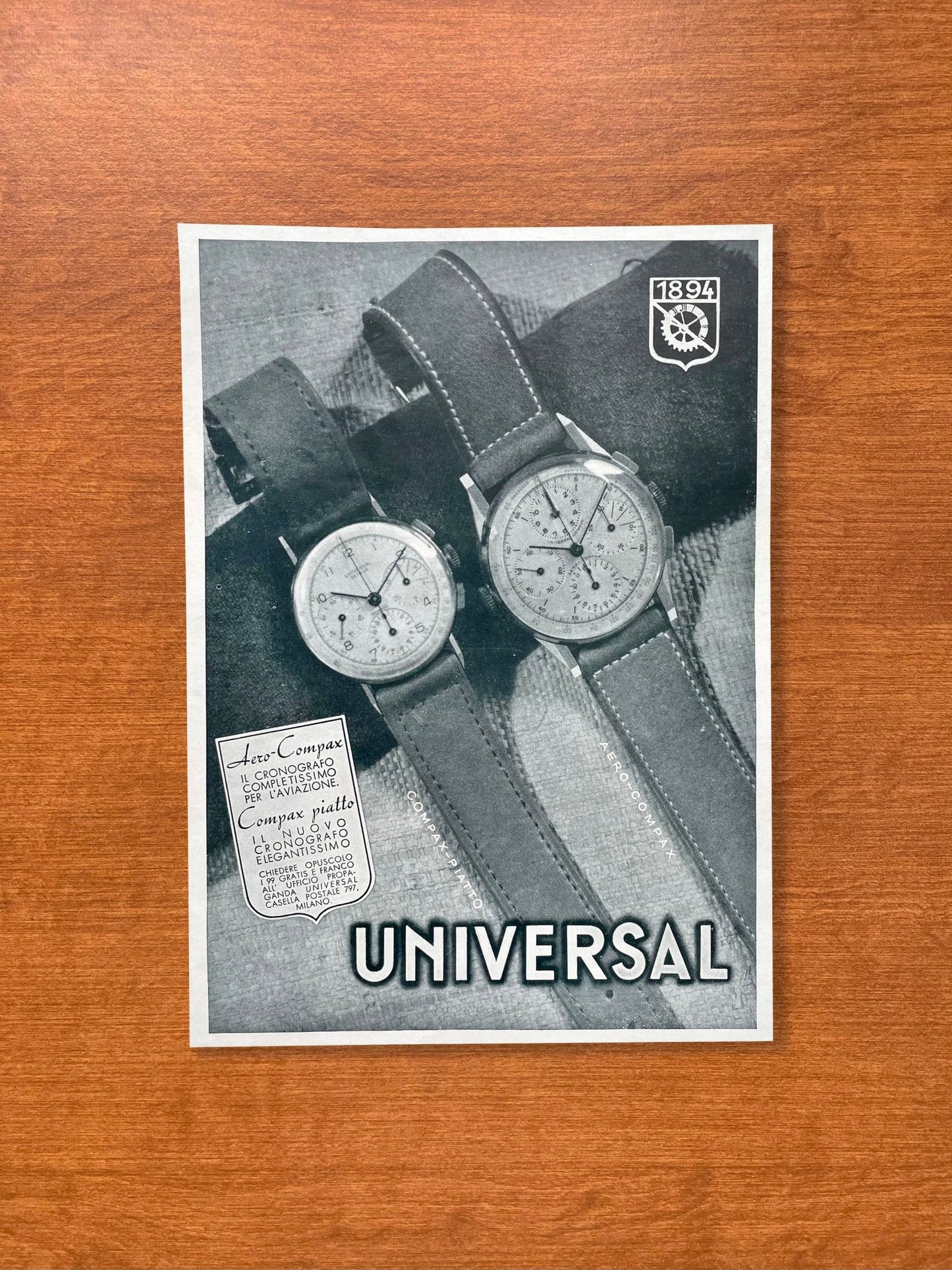 Vintage Universal Geneve Compax and Aero Compax Advertisement in Italian
