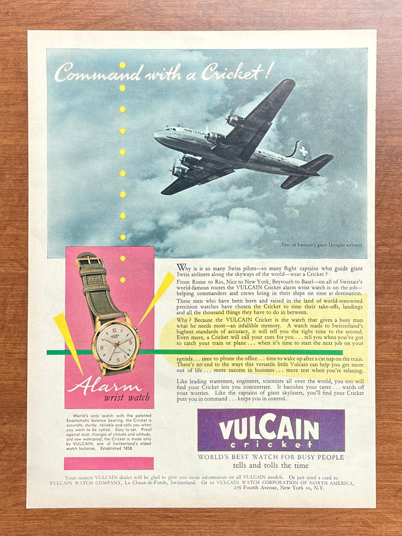 Vintage Vulcain Cricket Alarm feat. Swissair Advertisement