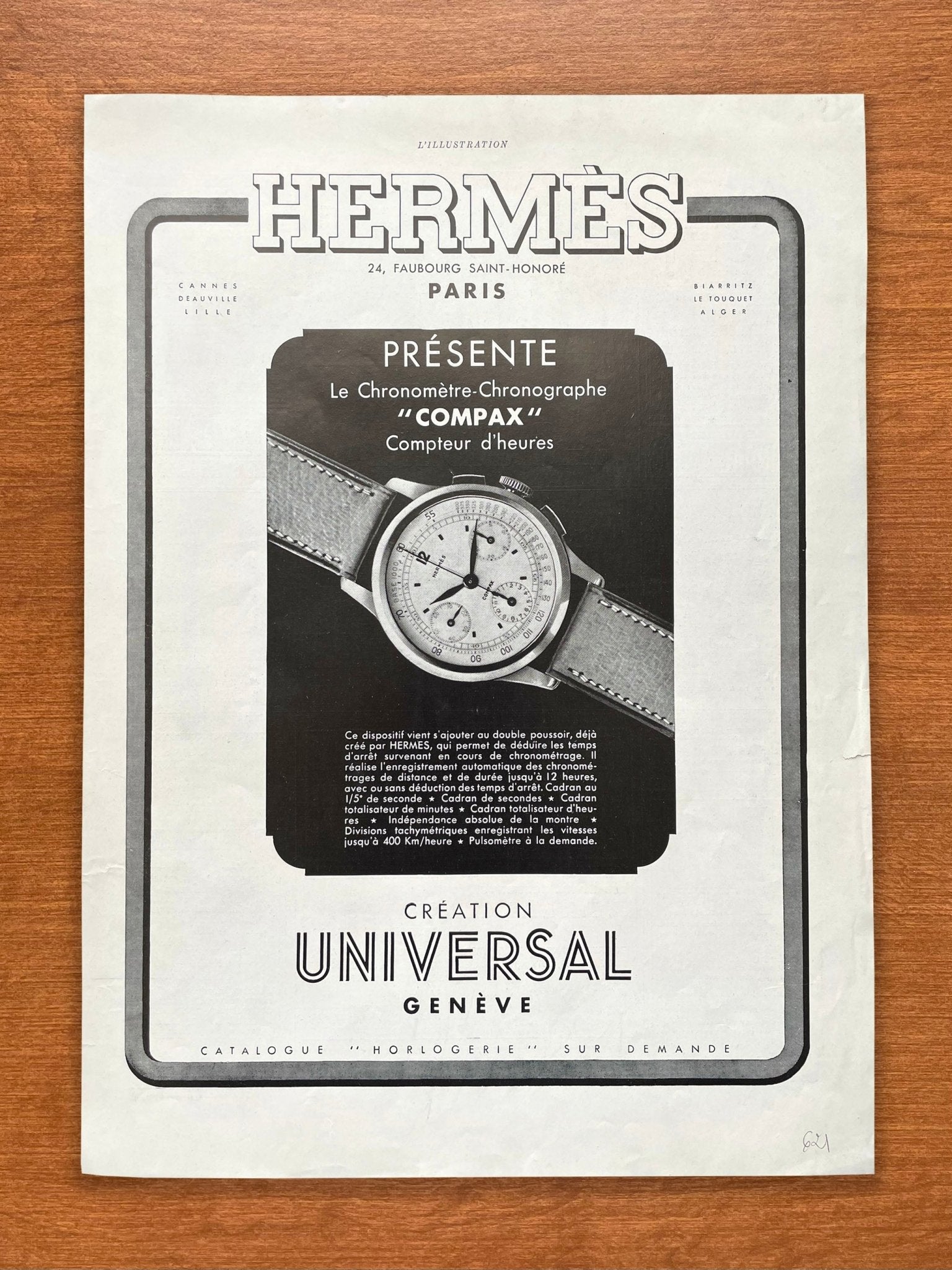 1938 Universal Geneve Compax signed Hermes Advertisement | Ad Patina
