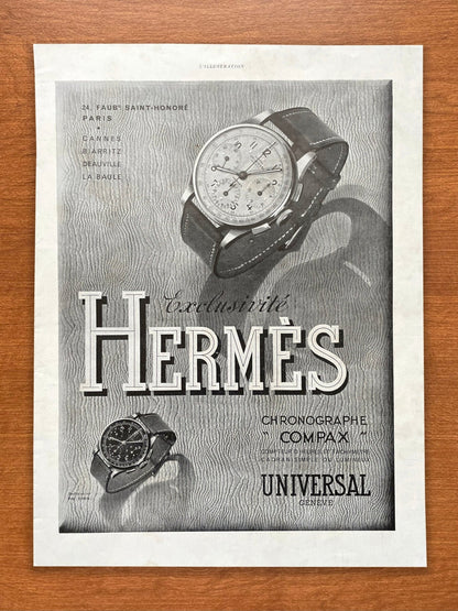 1940 Universal Geneve Compax double-signed Hermes Advertisement