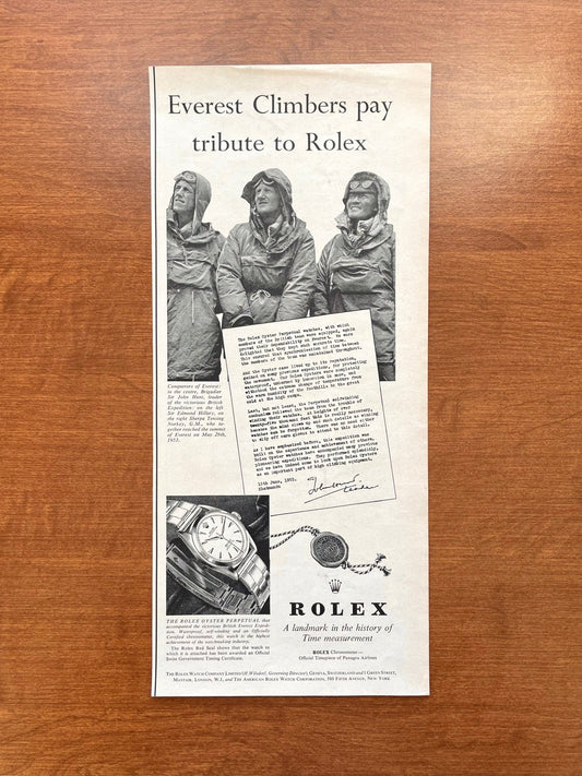 1954 Rolex Oyster Perpetual "Everest Climbers pay tribute..." Advertisement