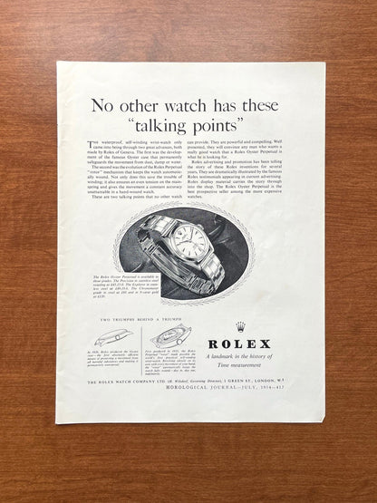 1954 Rolex Oyster Perpetual "talking points" Advertisement