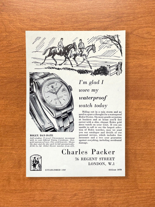 1957 Rolex Day Date "glad I wore my waterproof watch..." Advertisement