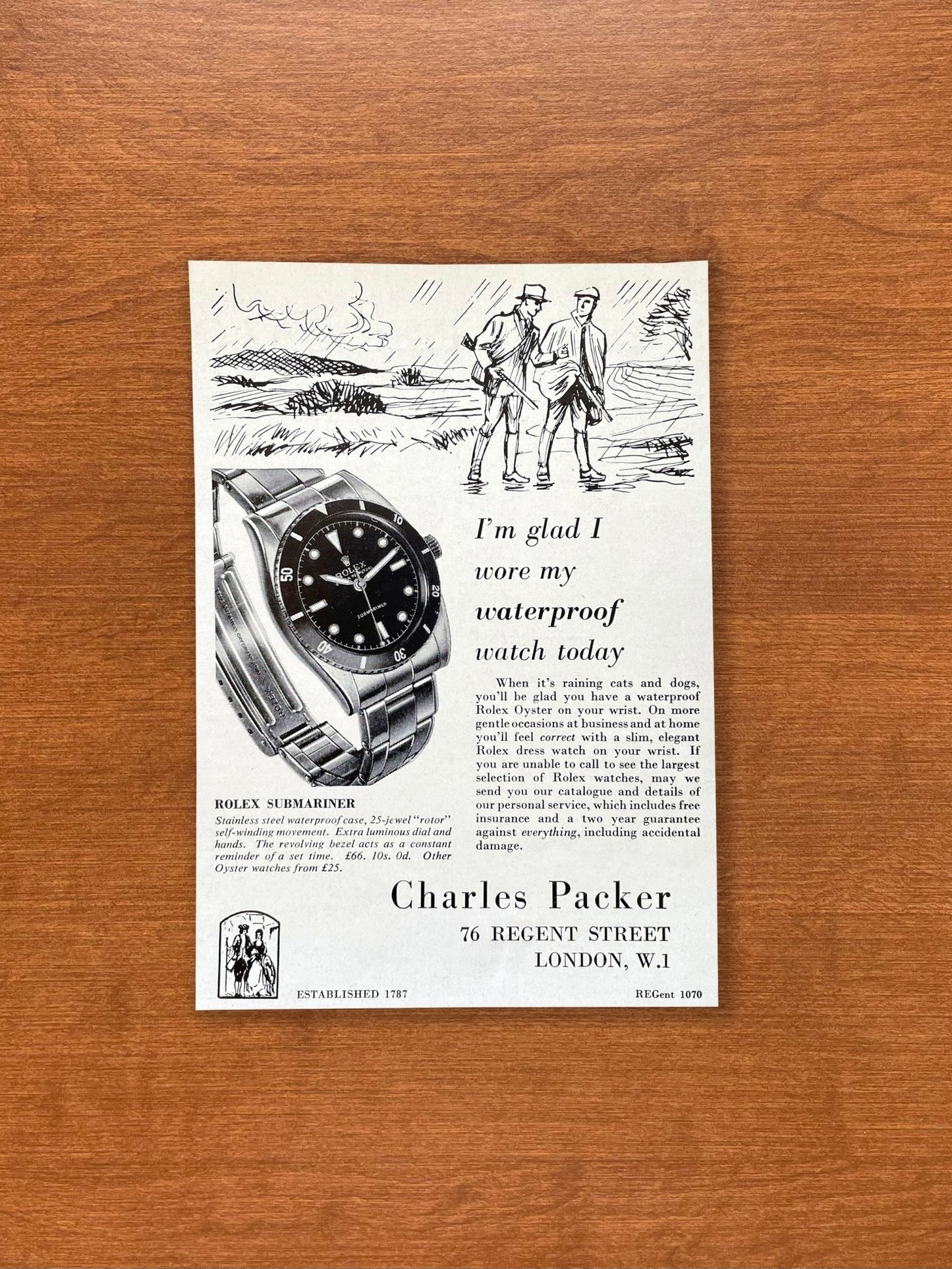 1957 Rolex Submariner Ref. 6204 "glad I wore my waterproof watch..." Advertisement