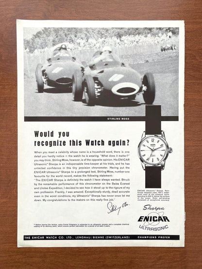 1958 Enicar Sherpa Watch featuring Stirling Moss Advertisement
