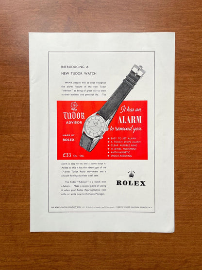 1958 Tudor Advisor Alarm Wristwatch Advertisement