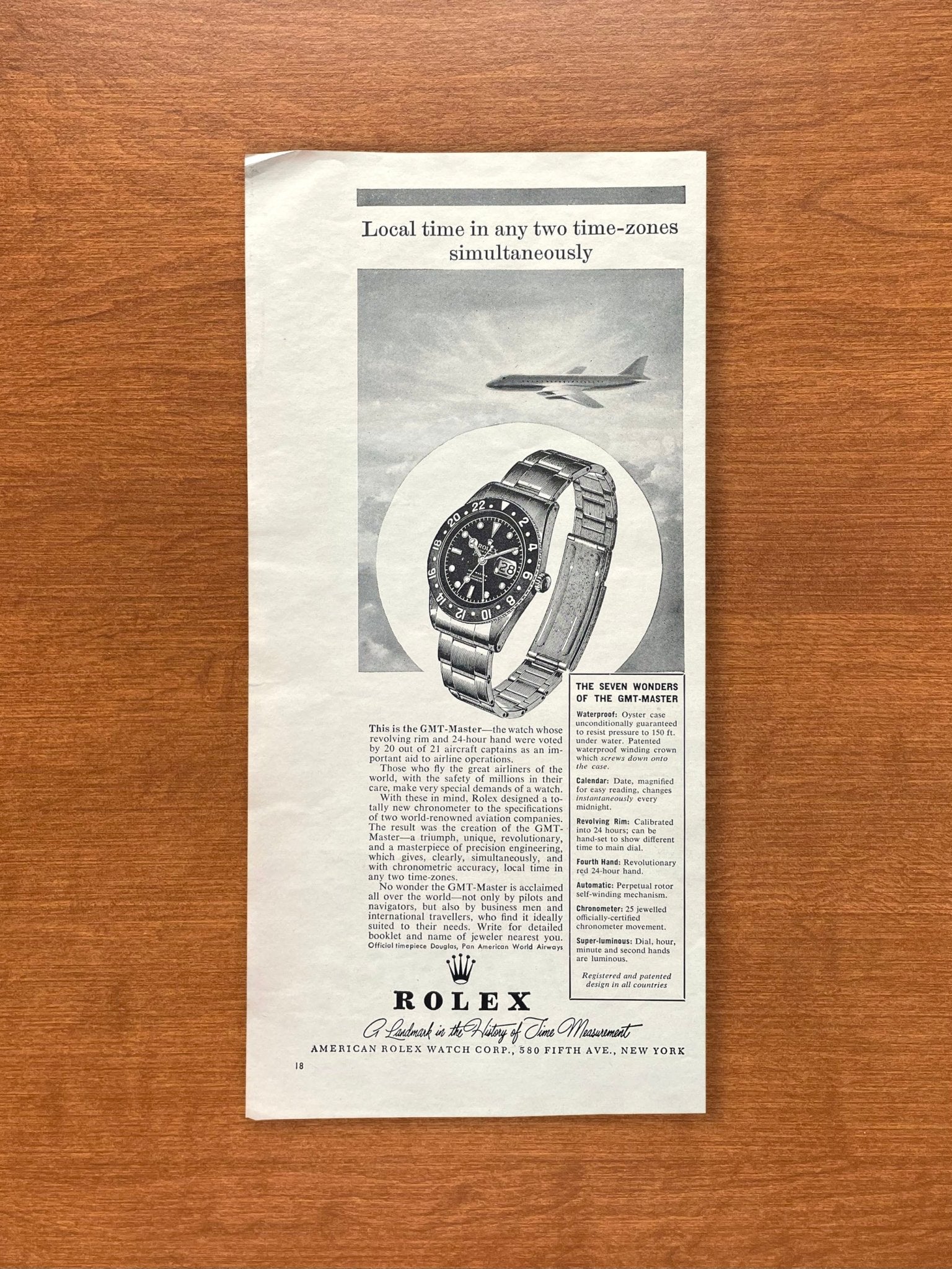 1959 Rolex GMT Master Ref. 6542 "The Seven Wonders" Advertisement