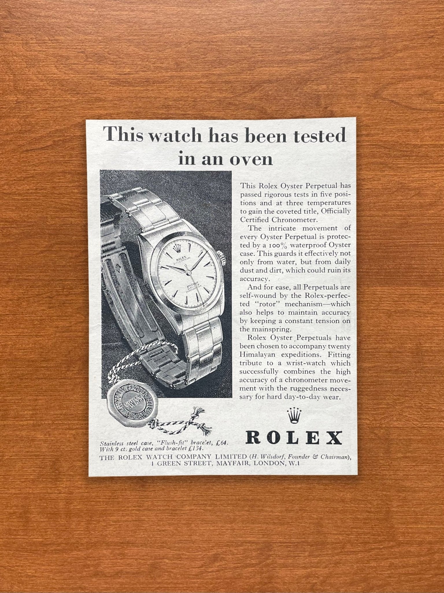 1960 Rolex Oyster Perpetual "been tested in an oven" Advertisement