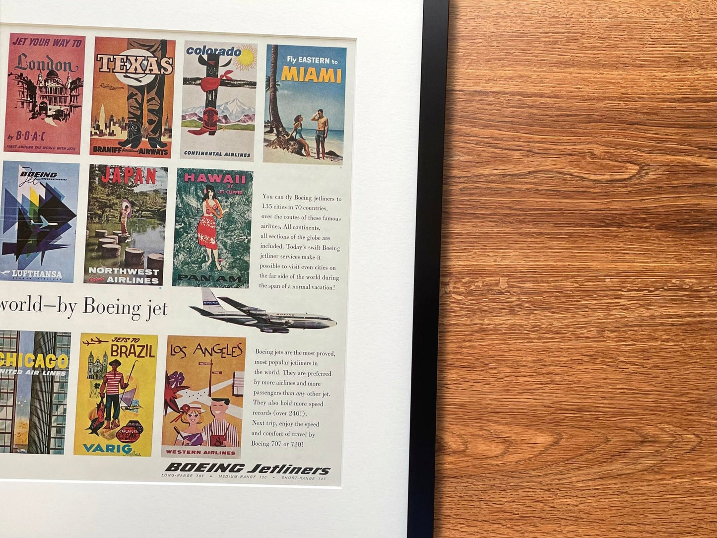 1961 Boeing Jetliners with 22 Vintage Travel Posters Advertisement in Black Wood Frame