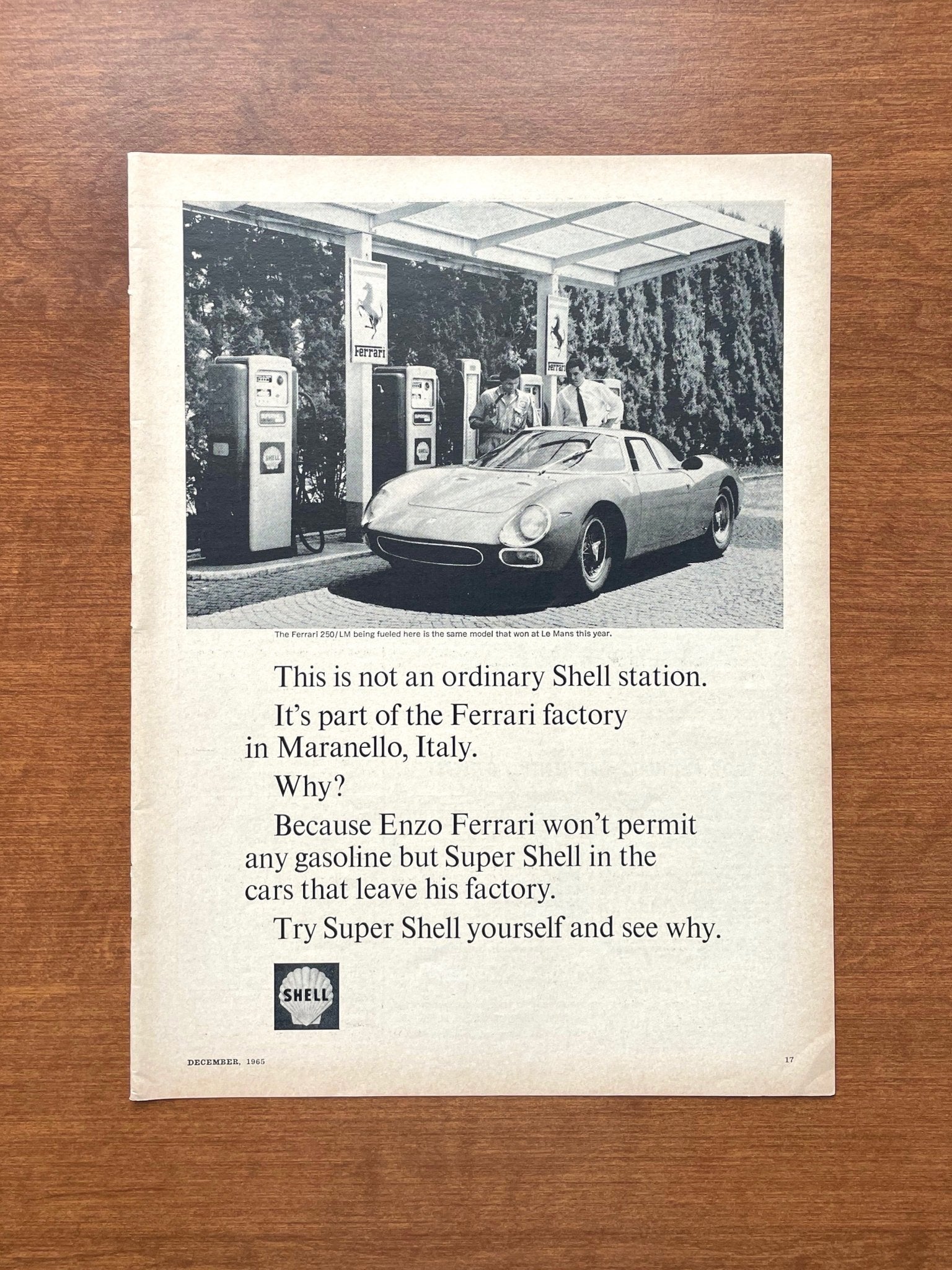 1965 Shell featuring Ferrari at gas station Advertisement