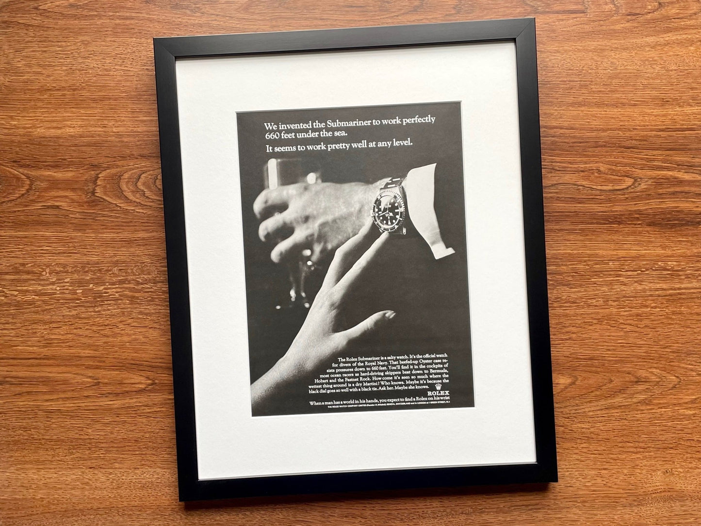 1966 Rolex Submariner Ad Reprint in Wood Black Limited Frame